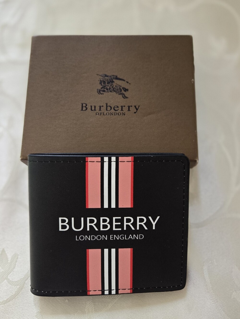 Burberry Look A Like Black Wallet with Pink and White Stripe Detail